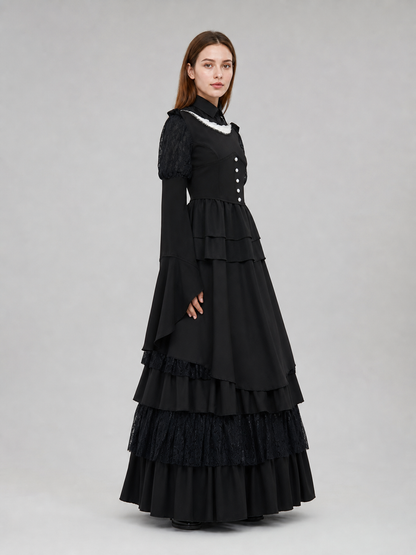 Gothic Dress with a High Collar and Ruffles