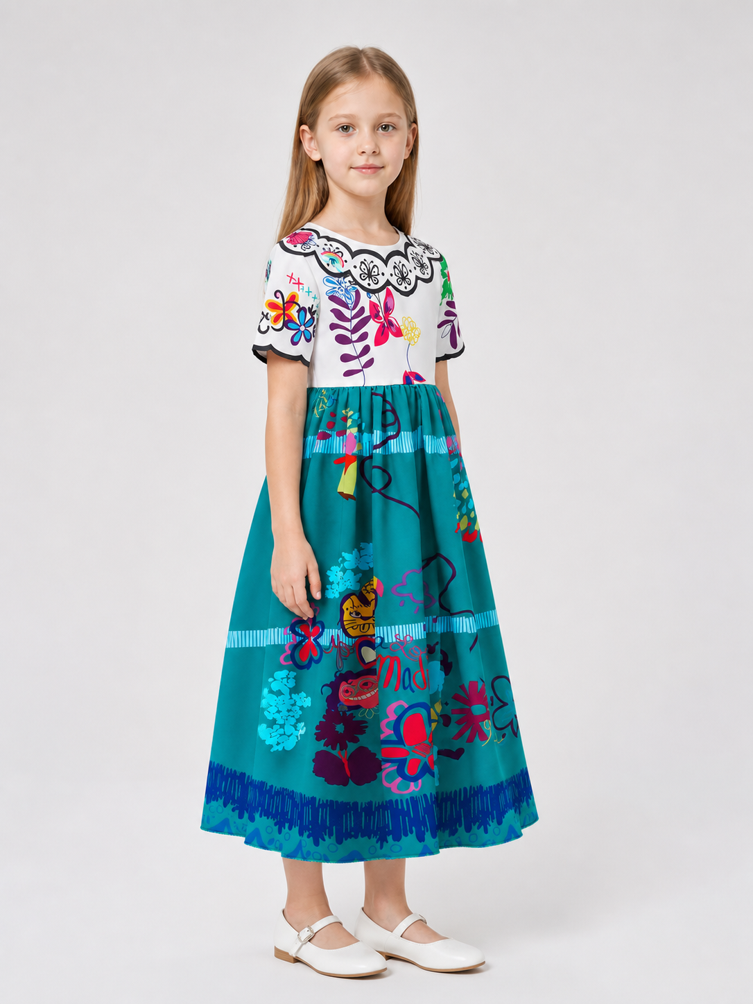 Children’s printed dressy dress with a full skirt side view