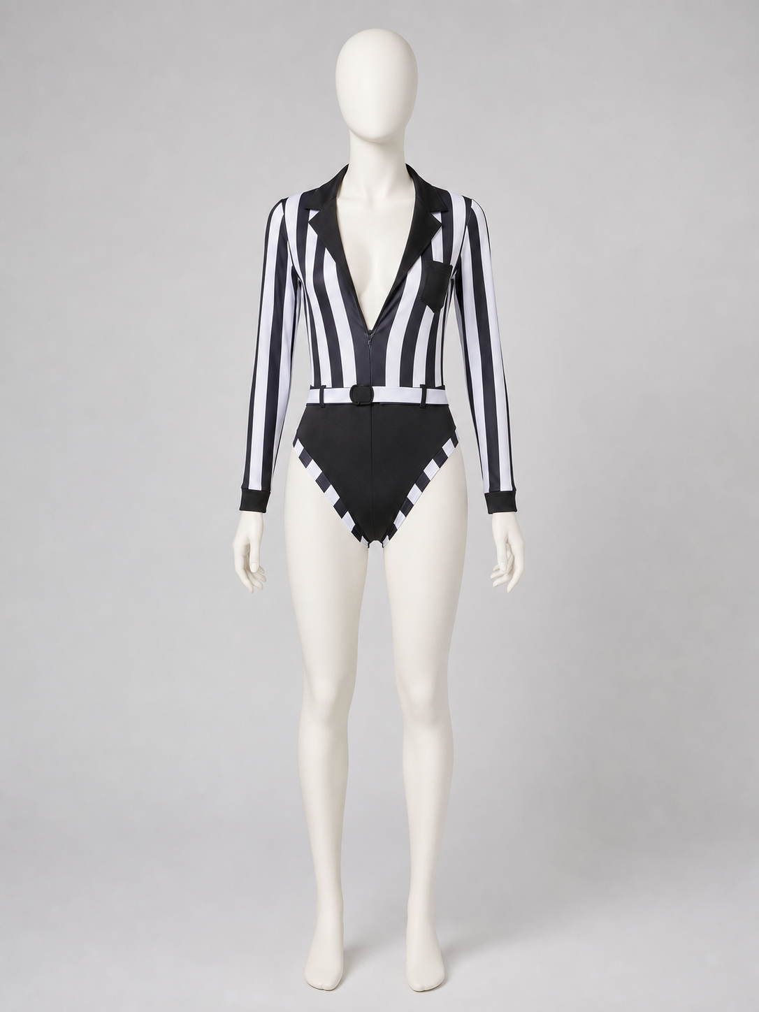 Striped Referee Jumpsuit with Deep V-Neck