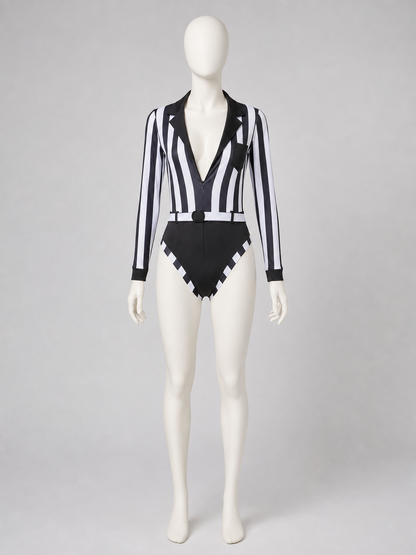 Striped Referee Jumpsuit with Deep V-Neck