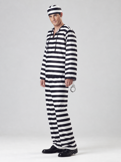 Striped prisoner costume with cap and handcuffs