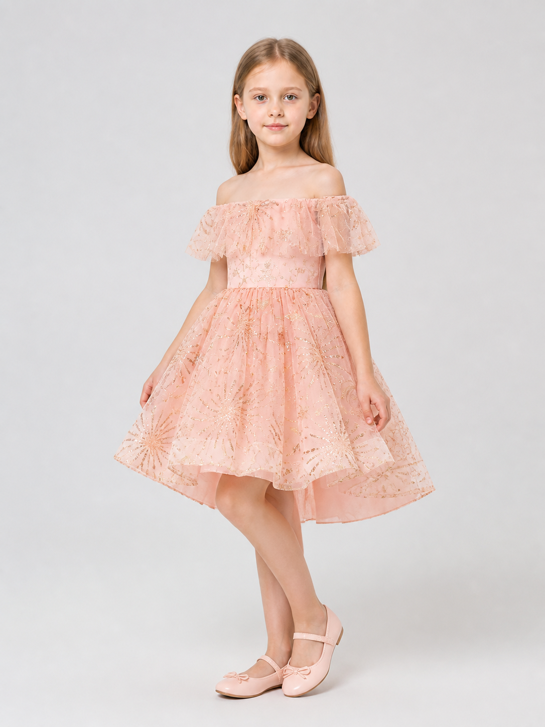Girls' Formal Dress with Sequins, Tulle, and Train side view