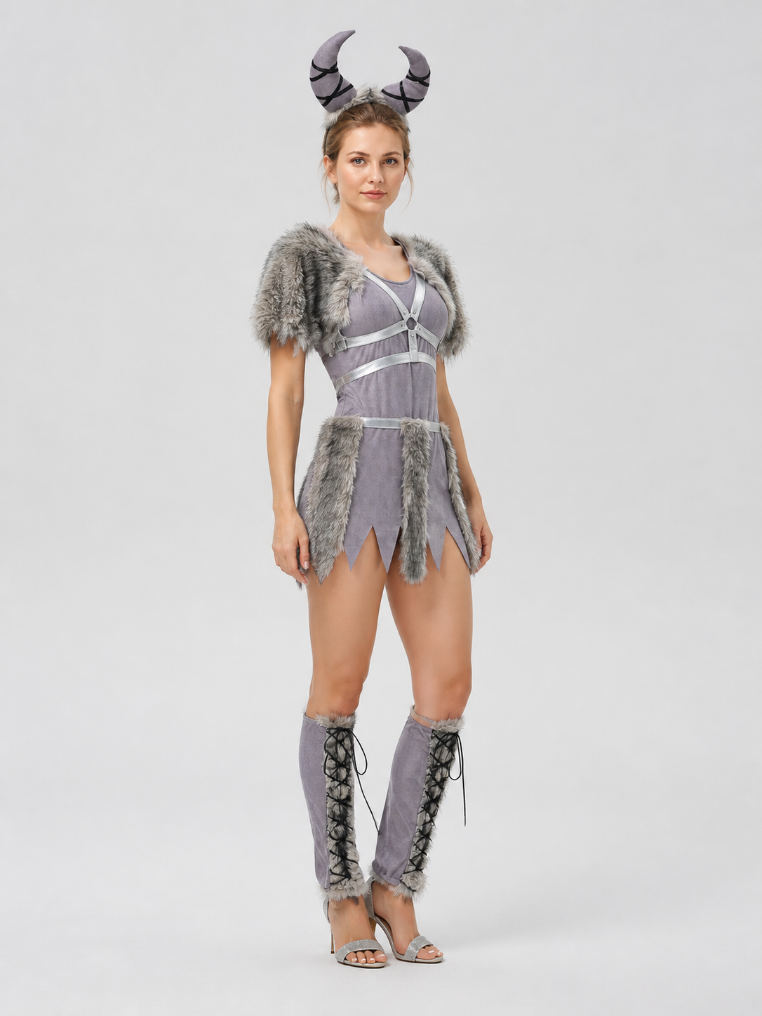 Halloween Viking Costume with Horns and Fur side view