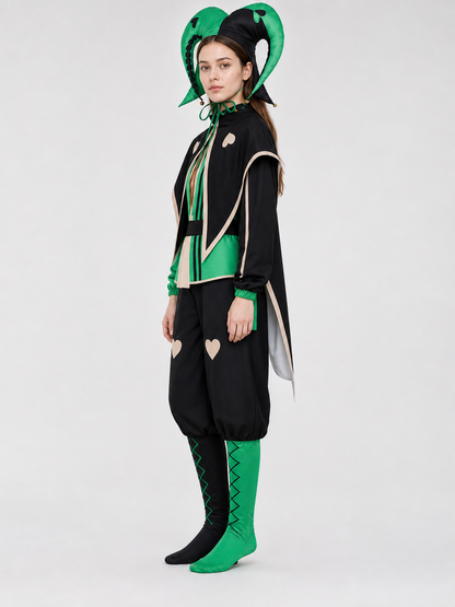 Theatrical clown jester costume in a black-and-green style for cosplay. The set is designed in an harlequin aesthetic and includes a black-and-green one-piece outfit with long sleeves, contrasting cream trim, and geometric panels. Heart-sha