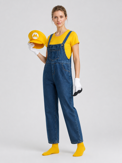 Mario Costume with T-Shirt and Denim Bib Overalls side view