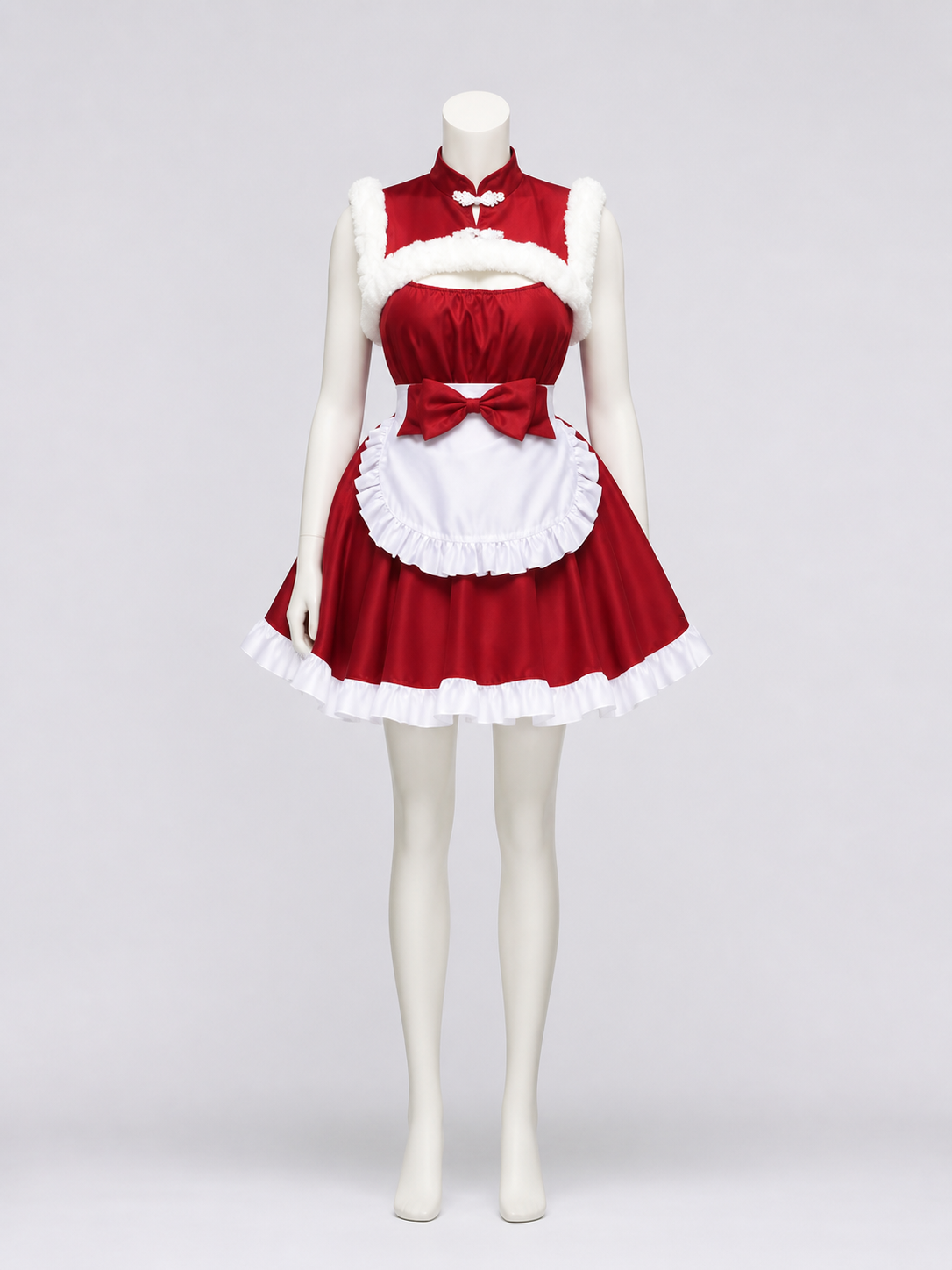 Red and White Christmas Dress with Apron and Bow side view