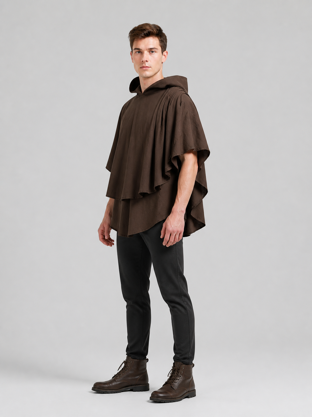 Women's Hooded Wanderer Cloak Costume with Layered Hem, Shoulder Draped Pleats side view 7