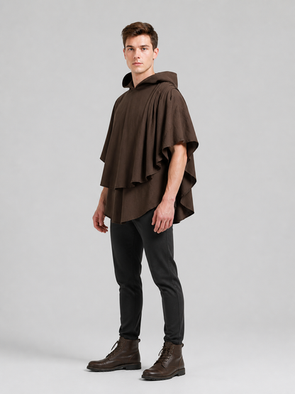 Women's Hooded Wanderer Cloak Costume with Layered Hem, Shoulder Draped Pleats side view 7