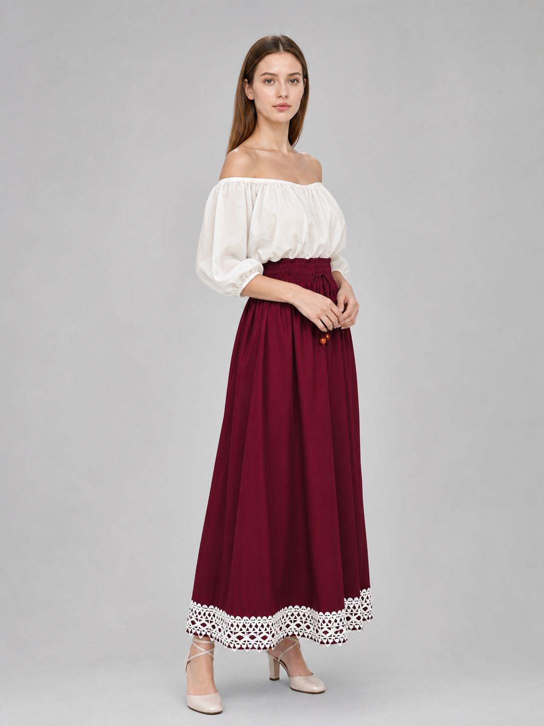Long burgundy A-line skirt with drawstring