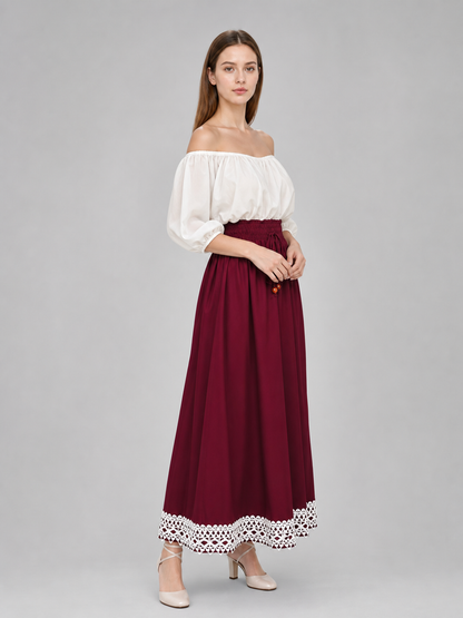 Long burgundy A-line skirt with drawstring