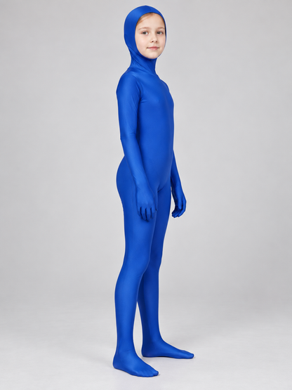 Blue Form-Fitting One-Piece Hooded Costume side view