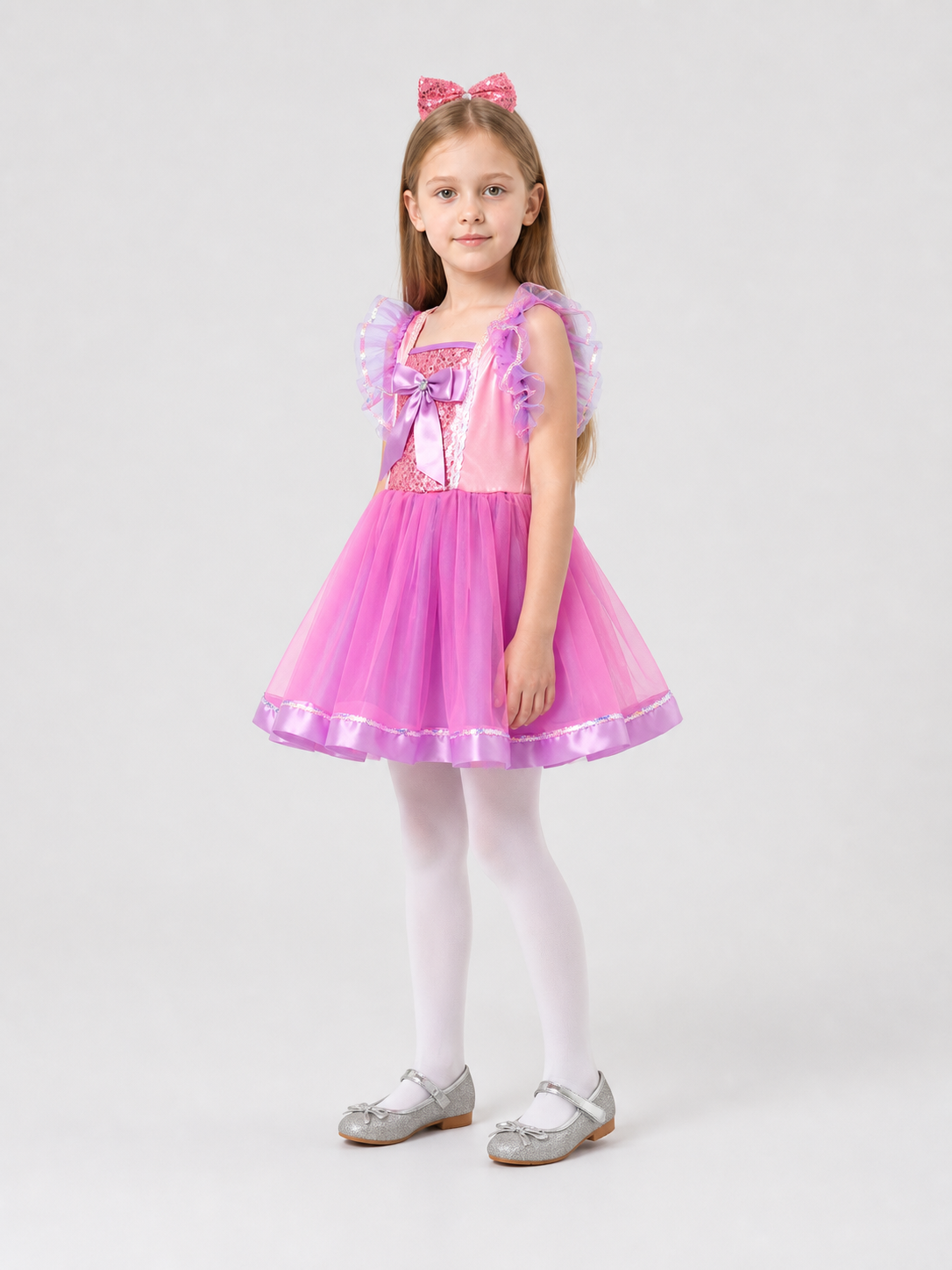 Girls' Fluffy Tutu Dress with a Bow and Sequins for Stage Performances side view