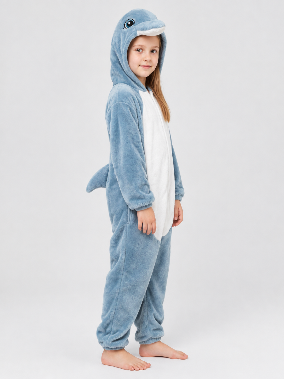 Blue Fleece Pajama One-Piece with Dolphin Hood