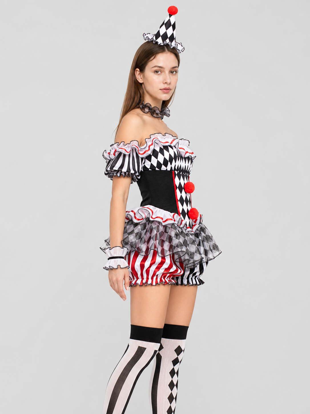 Clown Costume for Cosplay with a Full Skirt and Ruffles side view