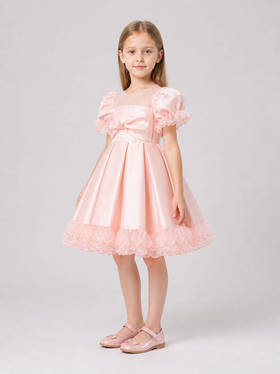 Pink Princess Dress for Girls with a Full Skirt and Bow