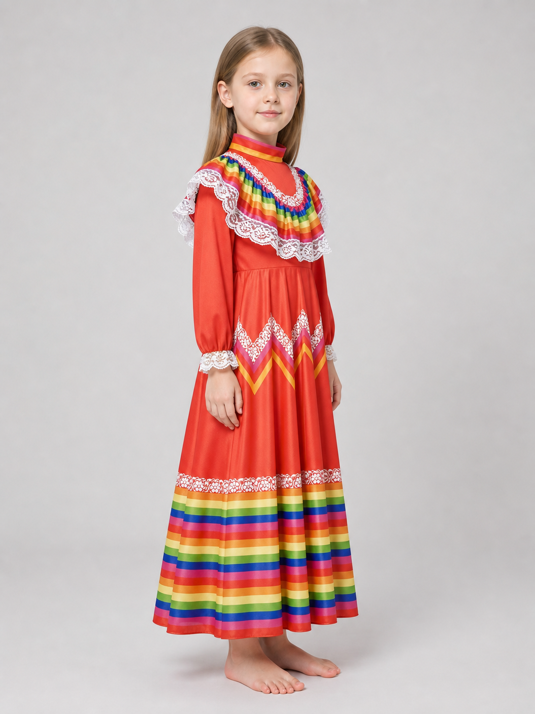 Folk Dress with Ruffles and Rainbow Inserts