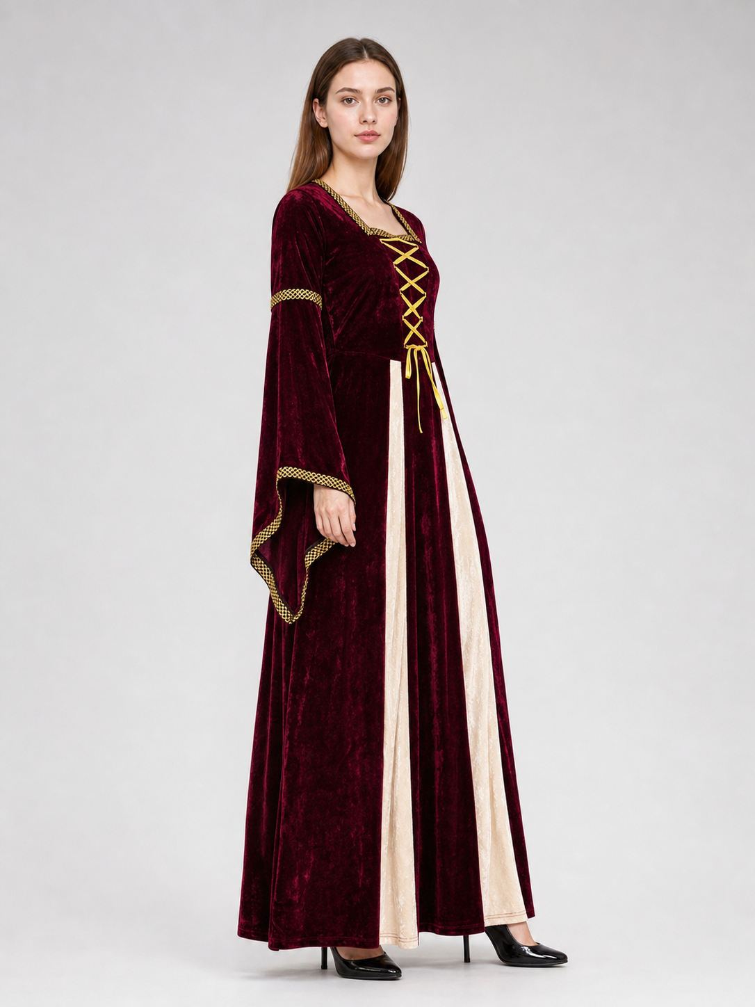 The dress is designed in the style of a European palace costume and is intended side view