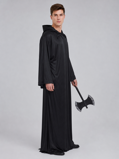Dark fantasy costume with hood and axe side view 2