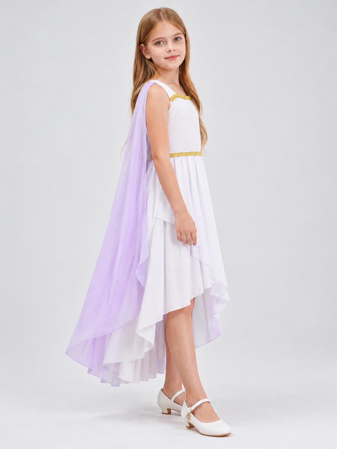 White Ancient Greek Style Dress with Lilac Cape