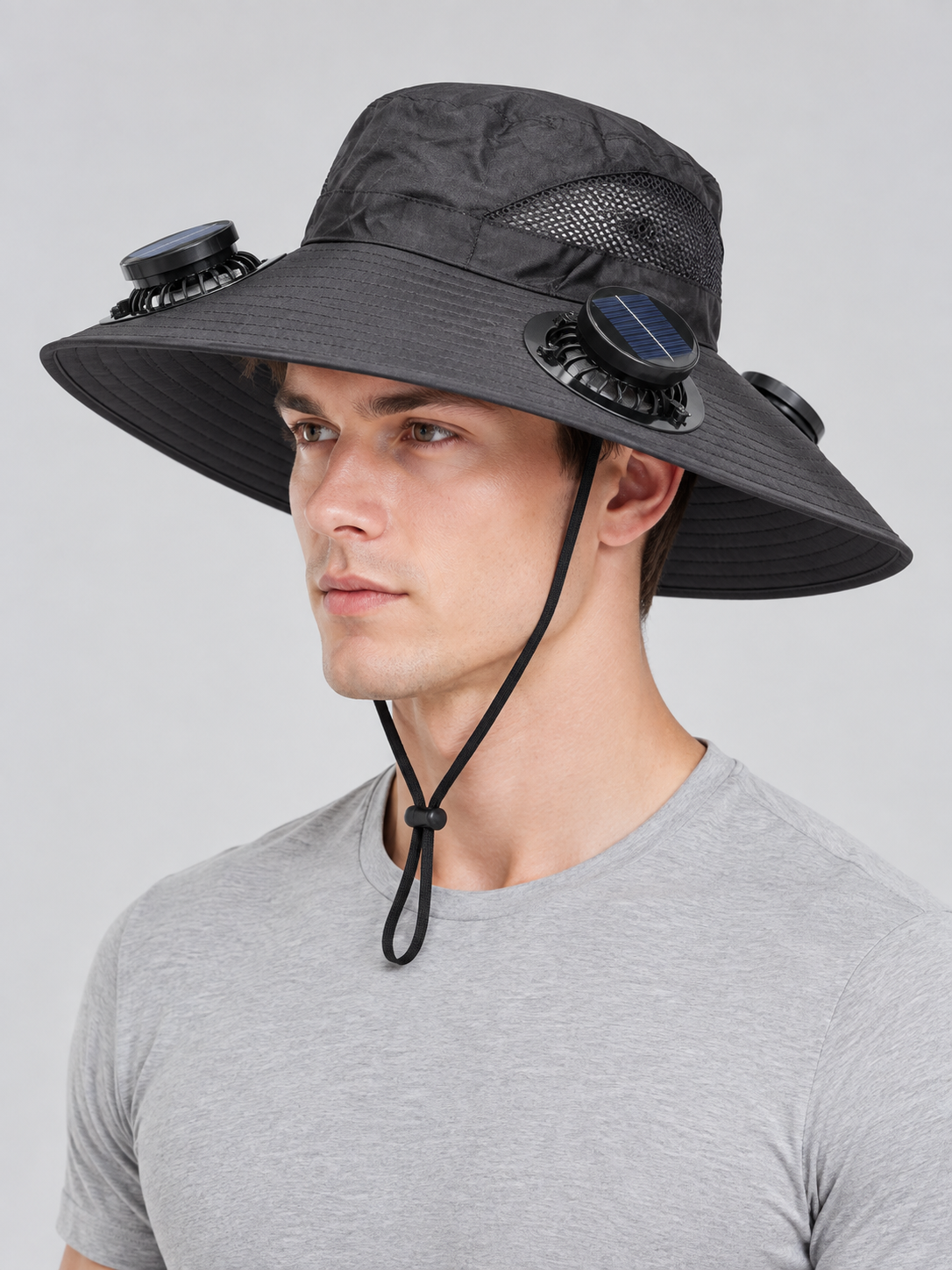 Dark Gray Wide-Brim Panama Hat with Fans side view