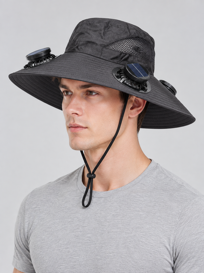 Dark Gray Wide-Brim Panama Hat with Fans side view