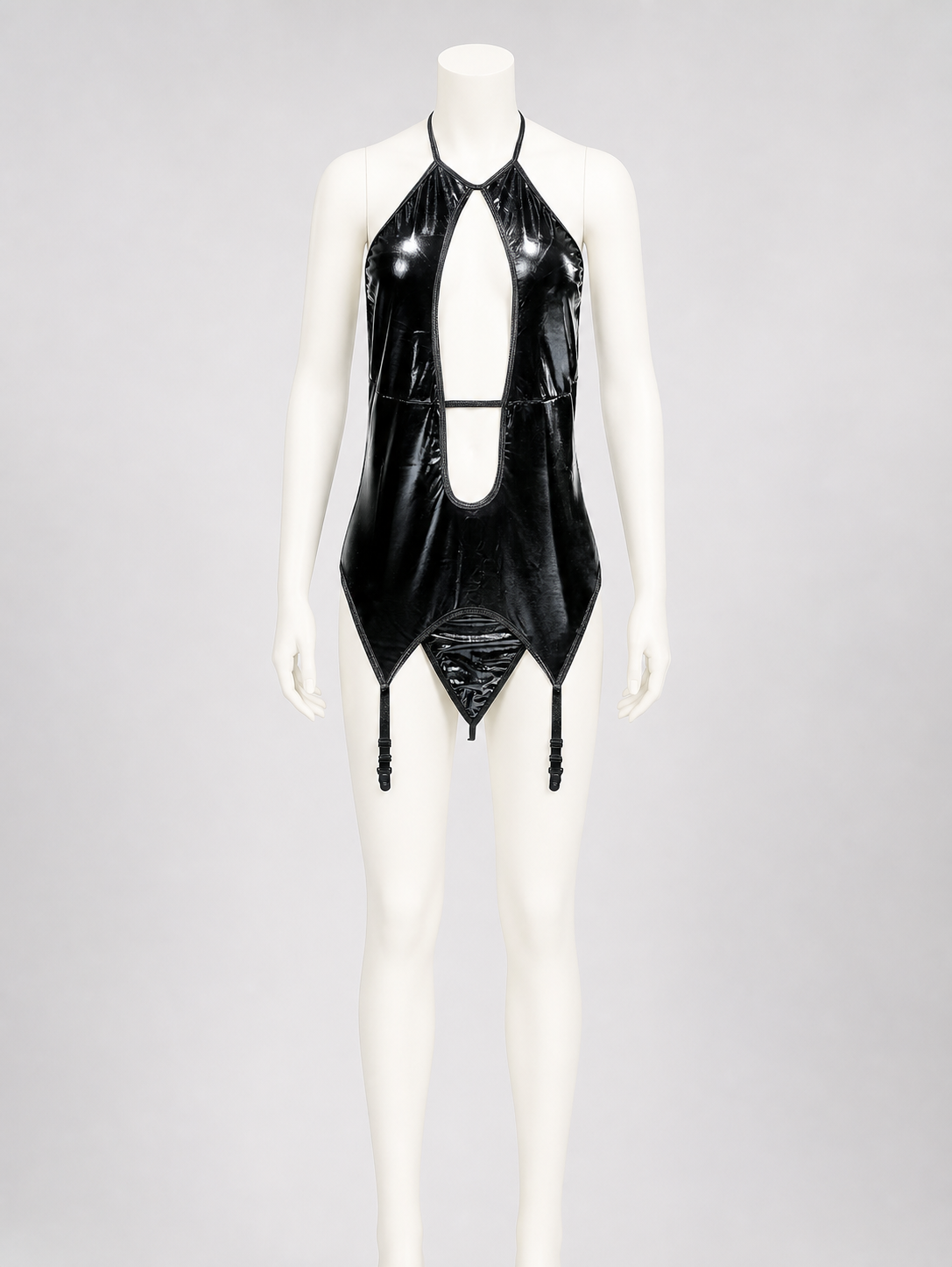 Black Erotic Bodysuit with Thin Straps and Cutout side view