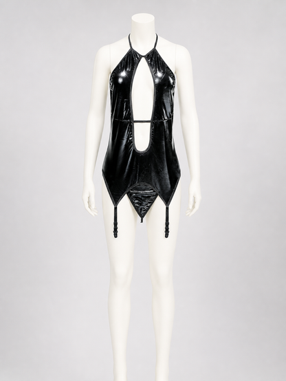 Black Erotic Bodysuit with Thin Straps and Cutout side view