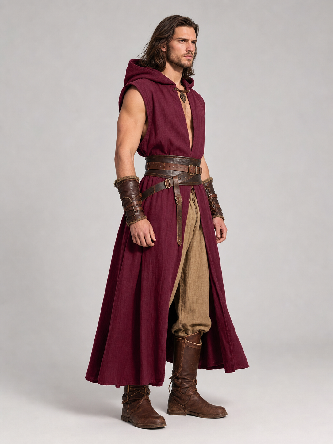 Medieval Hooded Cloak, Wine Red