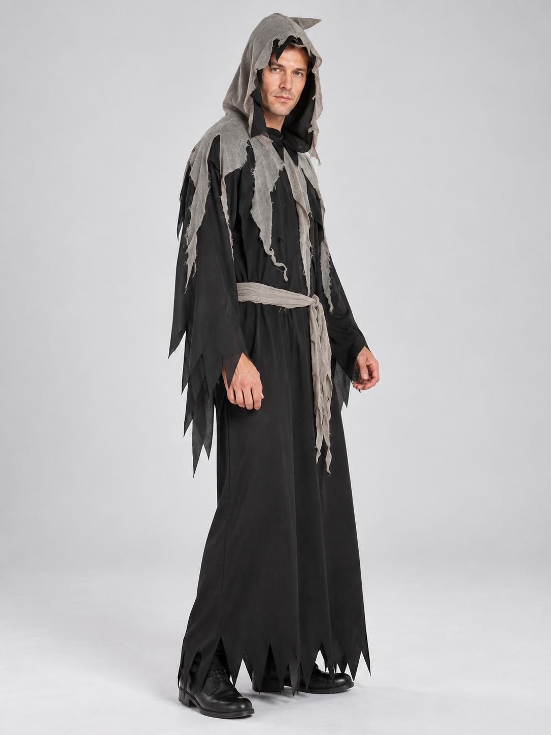 Black and Gray Vampire Costume with Hood and Belt
