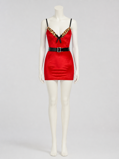 Red New Year's Dress with Leopard Print and Bow side view