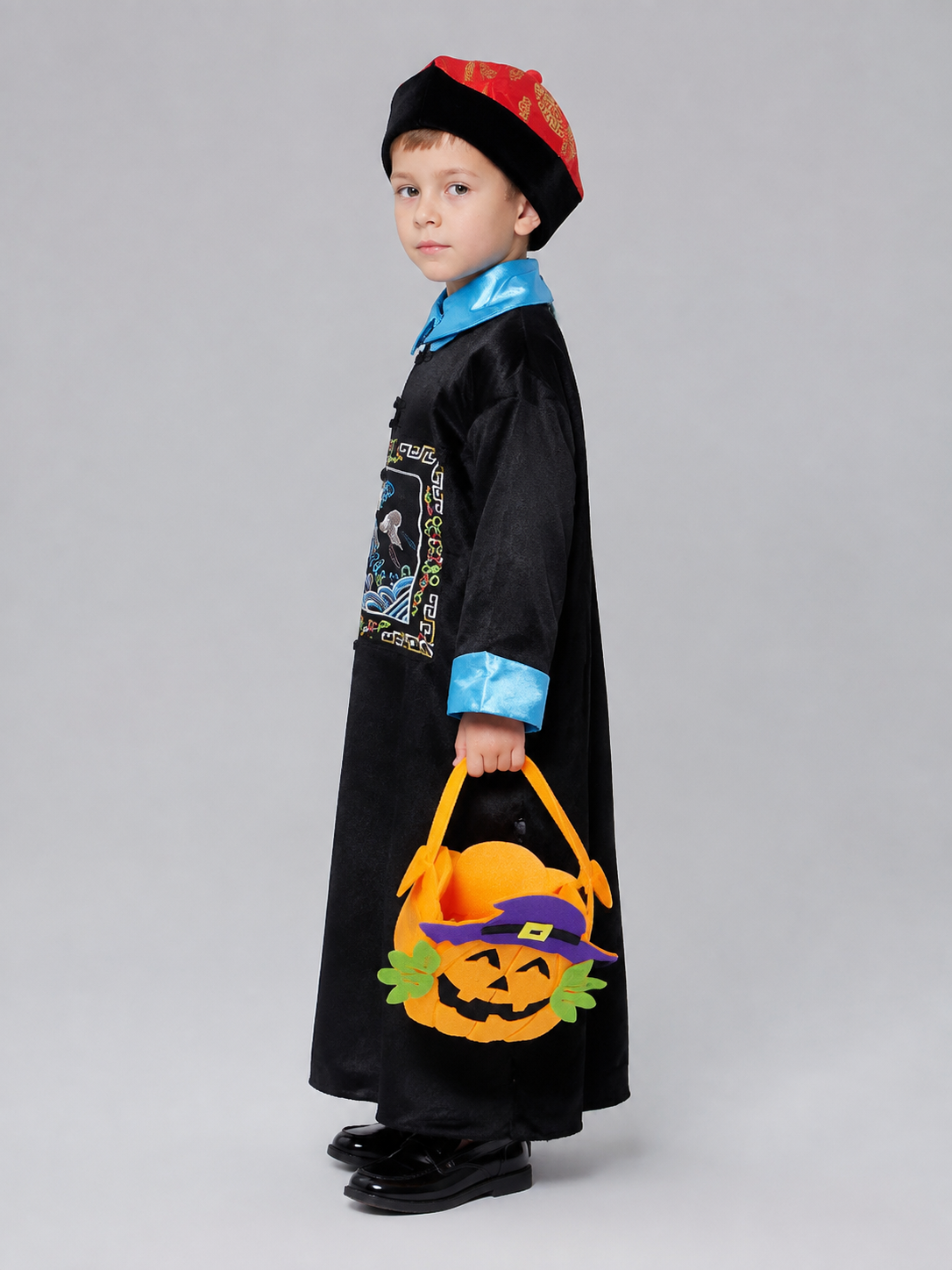 Children's Zombie Costume with Hat and Pumpkin Bag side view