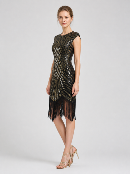 Sequin Dress with Long Fringe, Midi, Fitted side view