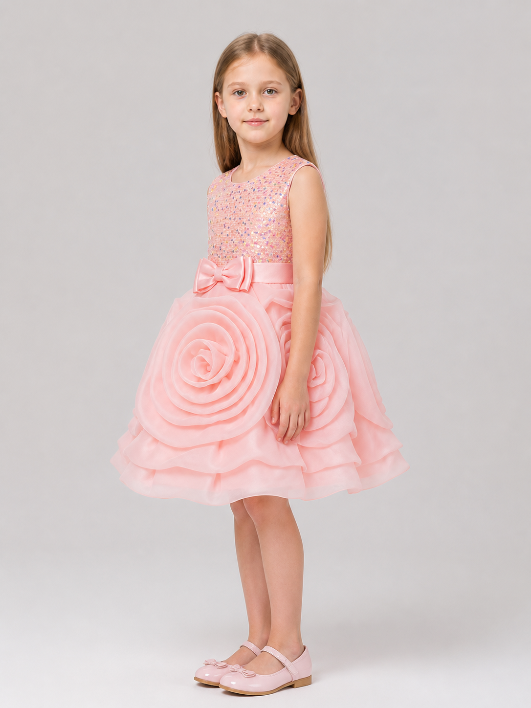 Dressy Princess Dress with Sequins, Roses, and a Bow side view