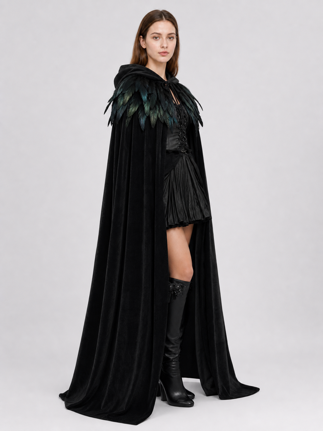 Black Velvet Hooded Cape with Feathers
