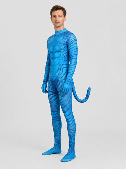 Avatar Costume, Blue Alien Jumpsuit with Tail side view