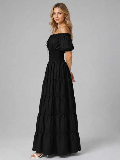 Floor-Length Off-the-Shoulder Dress with Puff Sleeves side view