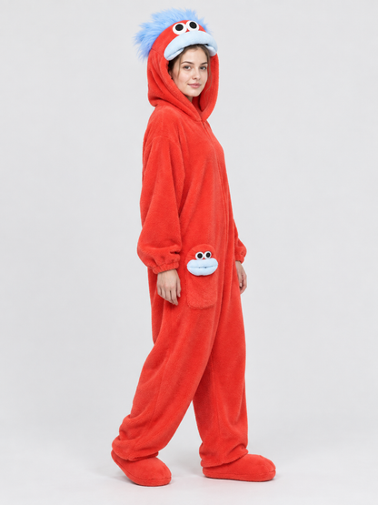 Red Hooded Pajama Jumpsuit with Cartoon Design