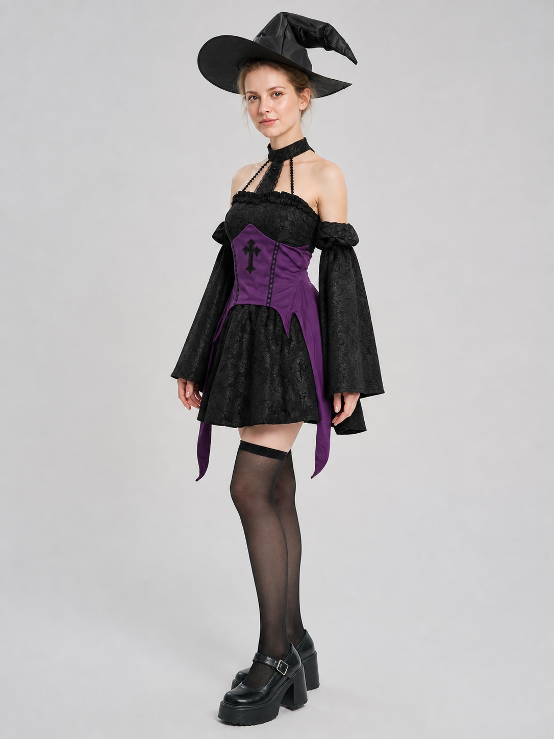 Black and Purple Witch Costume with Wide Sleeves side view