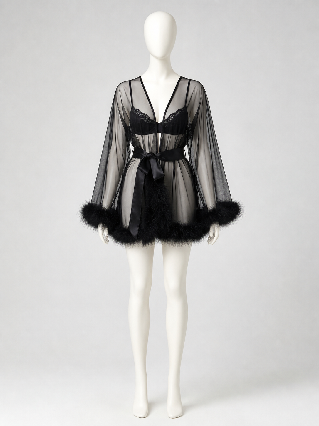 Black Sheer Robe with Belt and Fluffy Trim