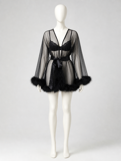 Black Sheer Robe with Belt and Fluffy Trim