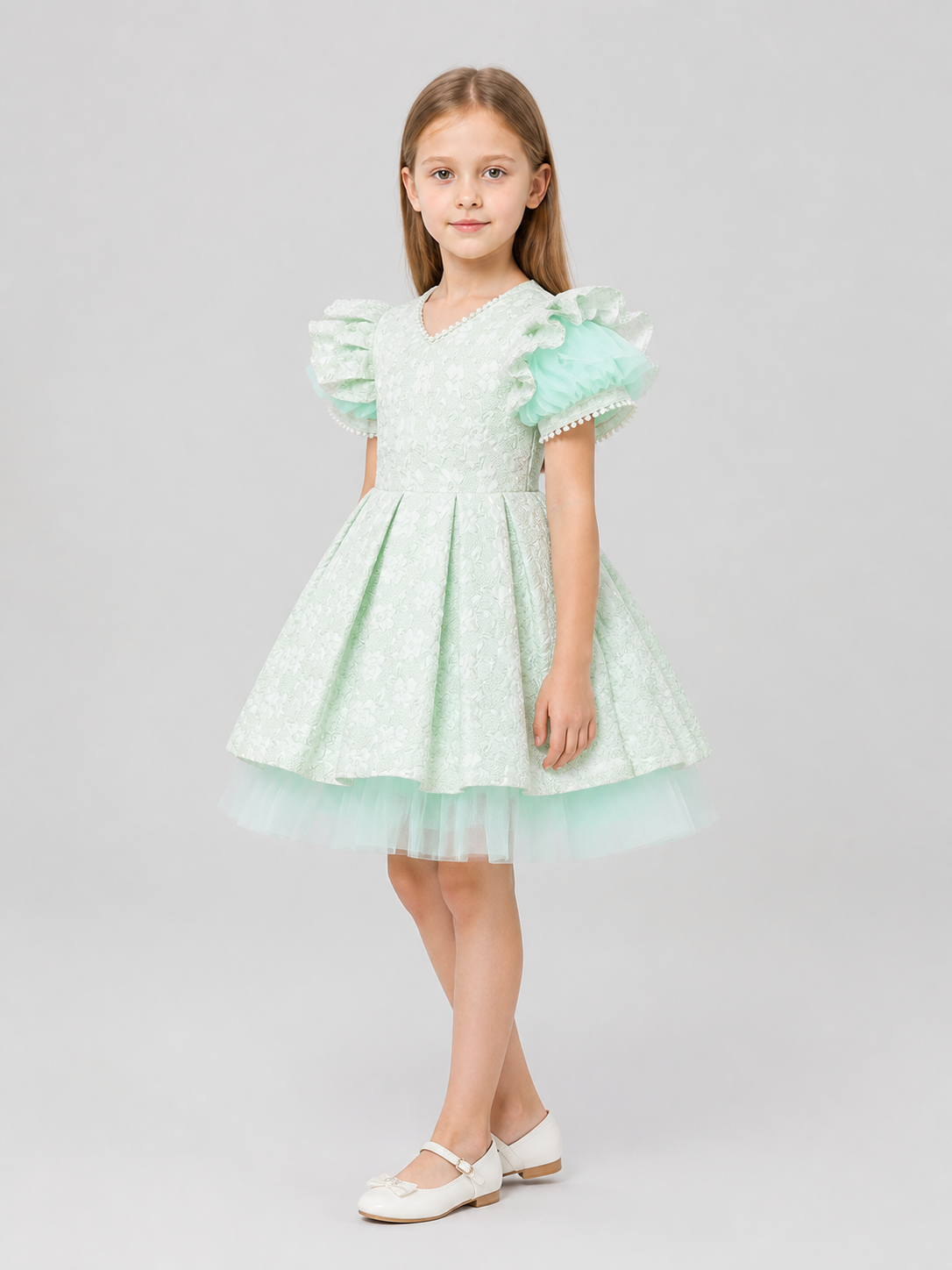 Girls’ Mint Princess Dress with Lace and Tulle side view