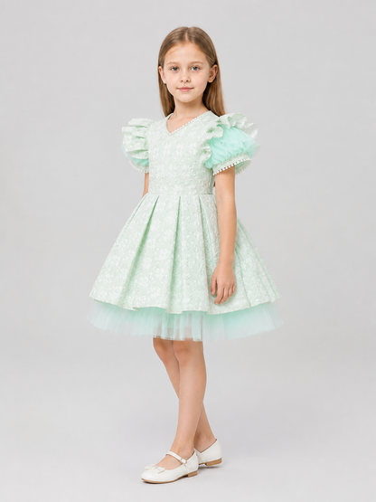 Girls’ Mint Princess Dress with Lace and Tulle side view