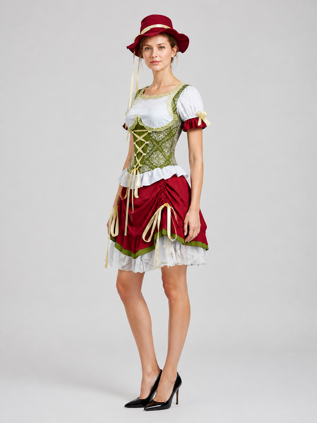 Oktoberfest Costume, Top, Skirt, Hat, and Ribbons side view