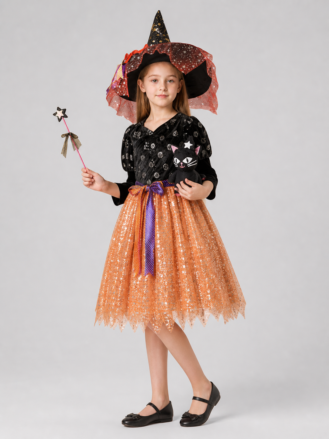 Children’s Witch Costume: Skirt, Hat, Wand, and Kitten side view
