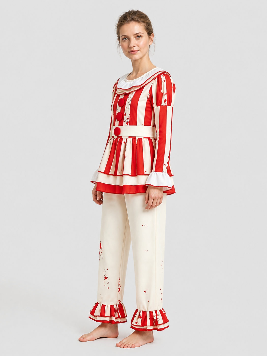 Children's Red-and-White Striped Clown Costume with Ruffles side view