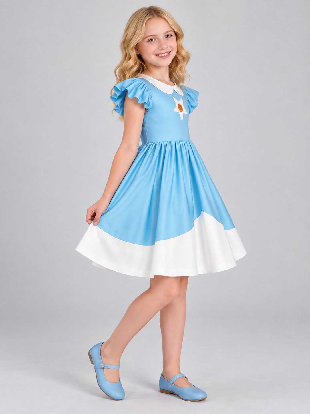 Blue carnival dress with white trim and ruffles
