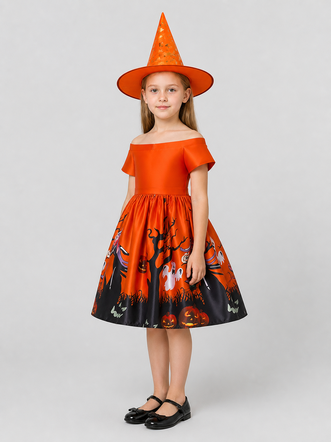 Halloween Princess Dress with Print, Full Skirt, and Hat side view