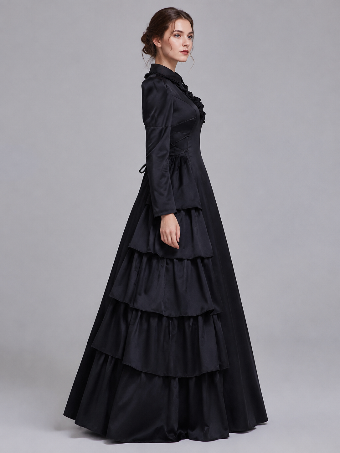 Long Black Victorian-Style Ruffled Dress side view