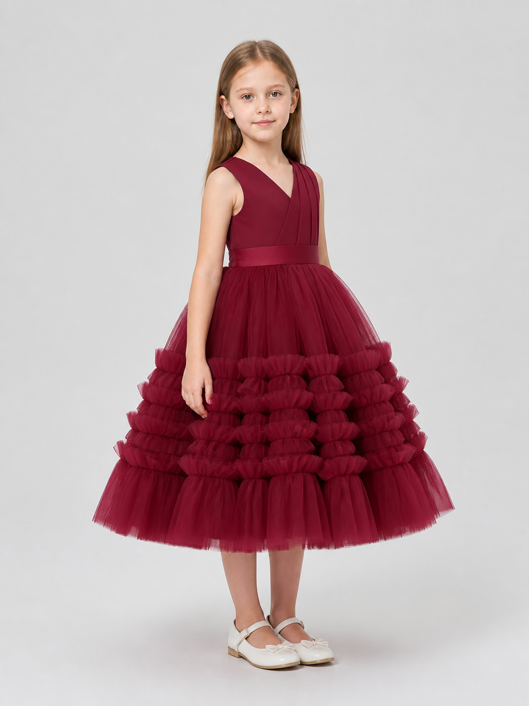 Burgundy Princess Dress for Girls with a Full Skirt side view