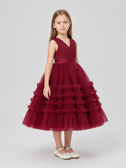Burgundy Princess Dress for Girls with a Full Skirt side view